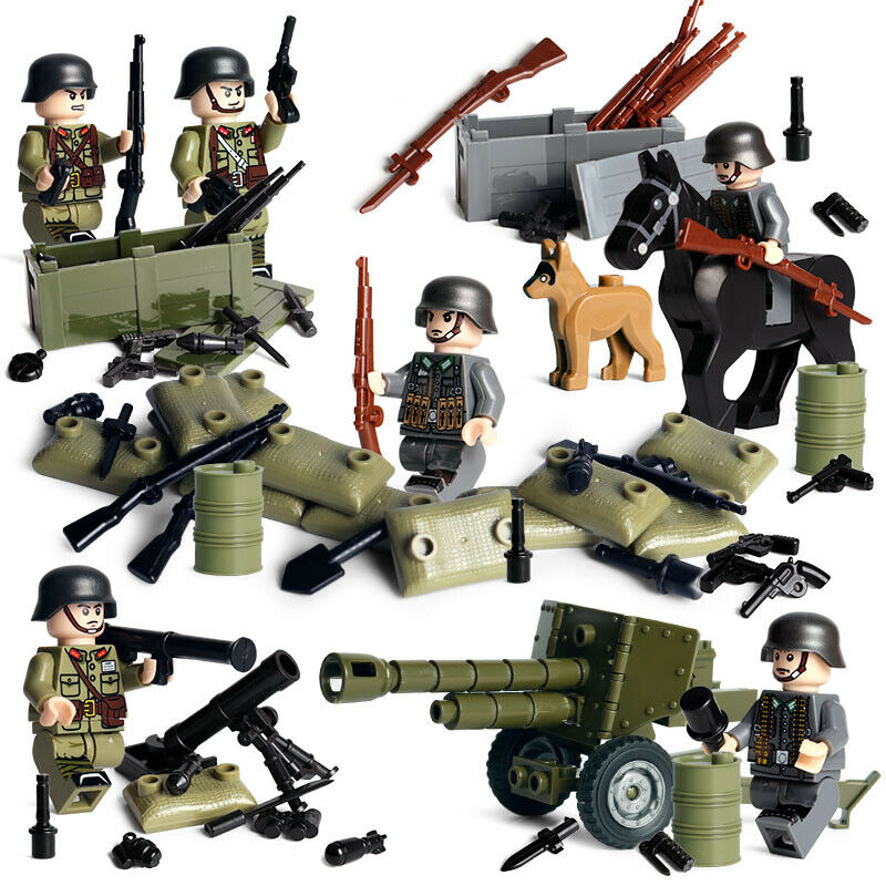 German WWII Set 6pc Action Figures W/Mortar, Howitzer, & Horse  (1101)