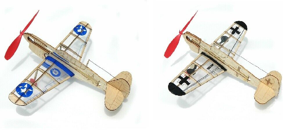 Two Guillow's Balsa Wood Mini Model Airplanes German Fighter & US Hellcat.